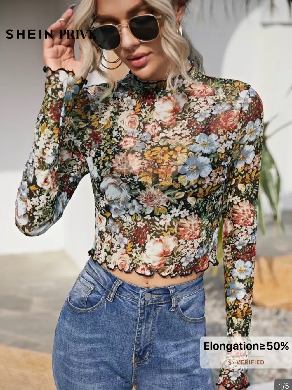 SHEIN Multicolor Floral Sheer Mesh Long Sleeve Top